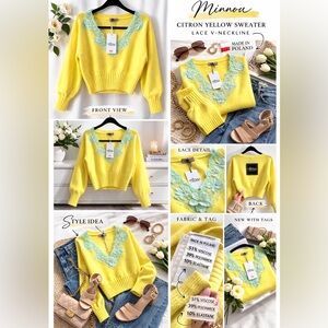 Minnou Citron Yellow Lace V-Neck Sweater NWT European Designer Made in Poland